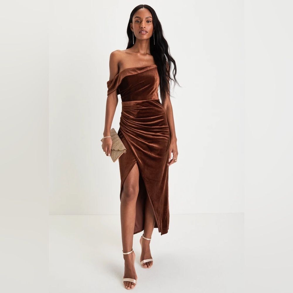 Lulus Showing Off a Little Brown Velvet Asymmetrical Tulip Midi Dress
